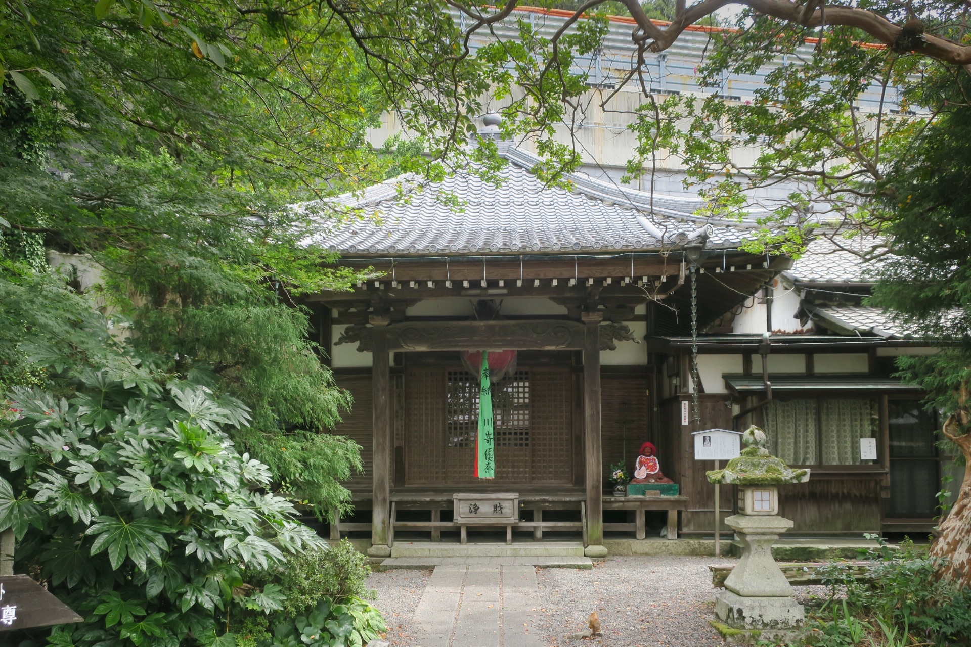 木々に包まれた醒井宿の寺院の本堂